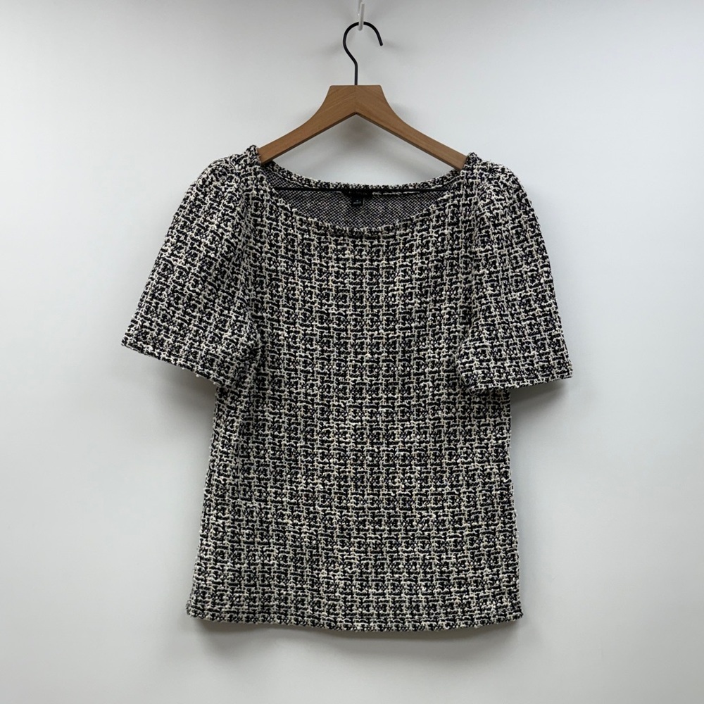 Ann Taylor Boucle Tweed Knit Puff Sleeve Blouse Preppy Black Medium